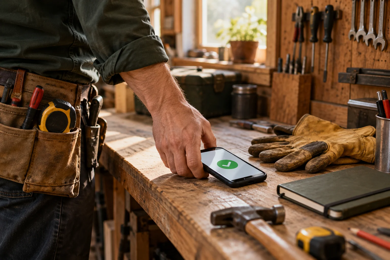Illustration of a service professional setting a phone beside tools on a workbench